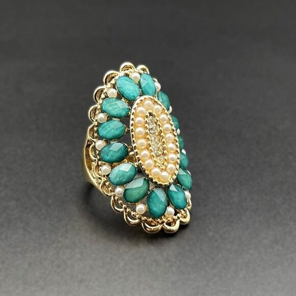 Yellow Gold with Diamond Crystal Pearl and Turquoise Gem Statement Ring Size 7 - Picture 5 of 8